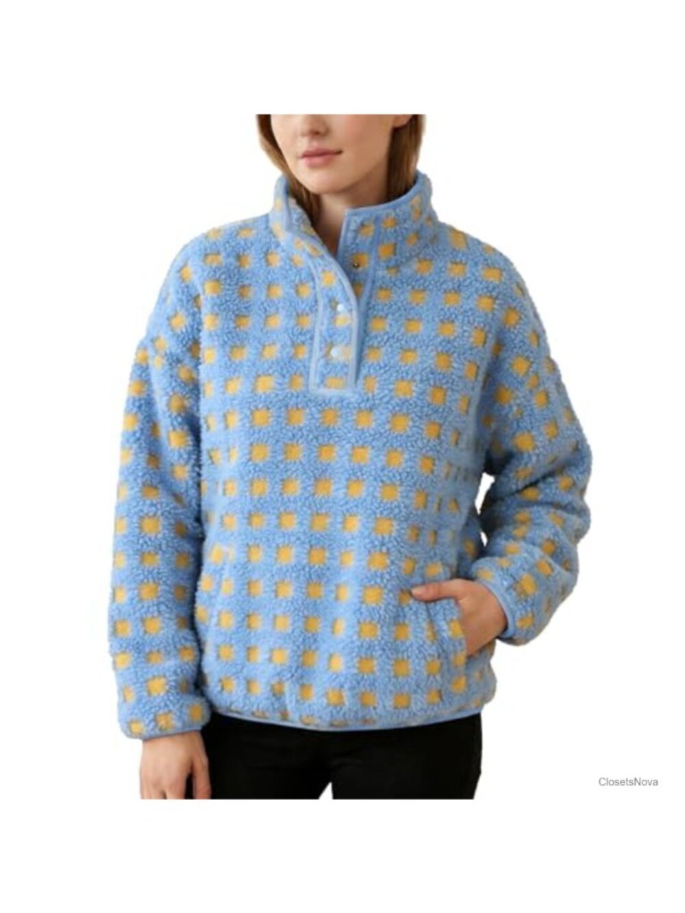Oversized Fleece Sherpa Hoodie Plaid Pullover Mock Neck Kangaroo Pocket